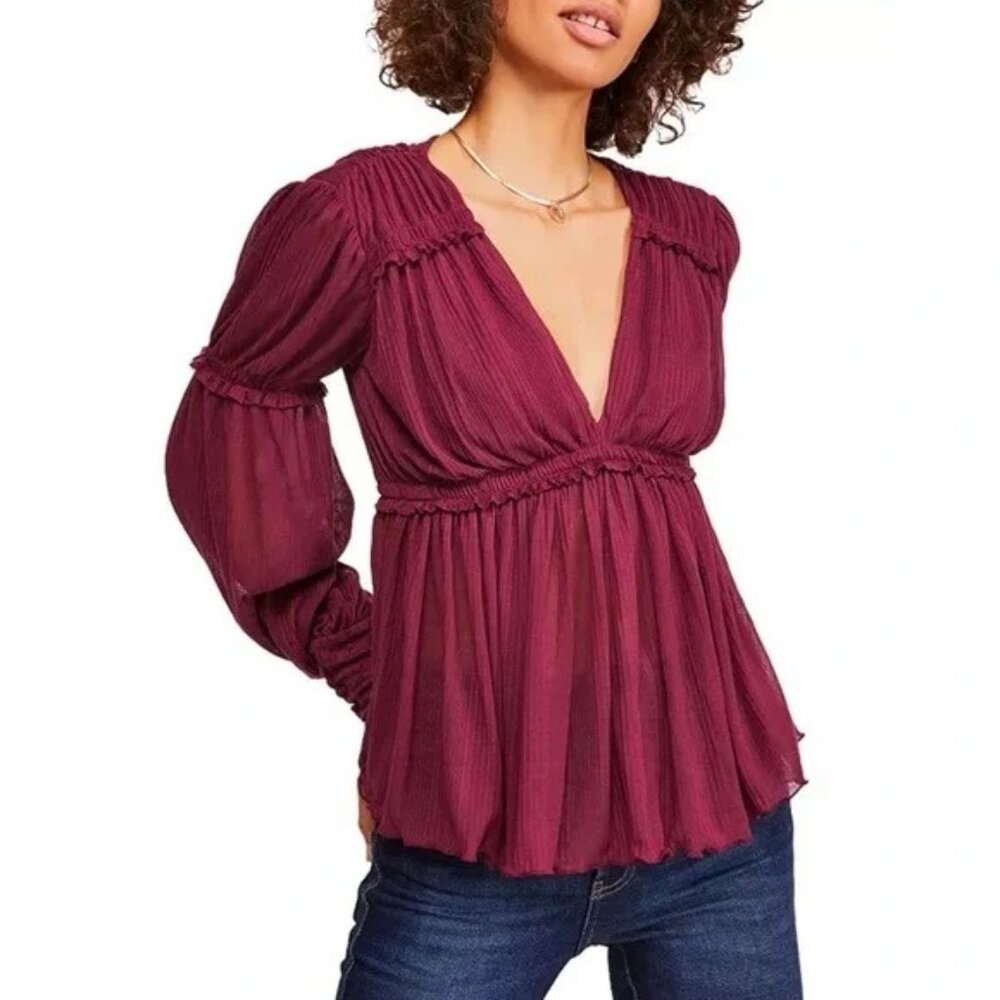 Free People Day Dreaming Ruffled Long Balloon Sleeve‎ Top Plum Burgundy XS